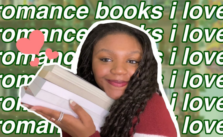 A YouTube thumbnail of a girl holding up a stack of books with the words "Romance books I love" behind her