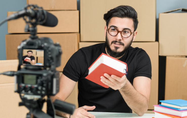 Man holding up a book in front of a camera