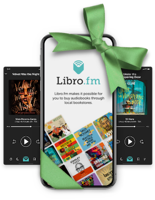 A cell phone wrapped in green ribbon showing the Libro.fm screen