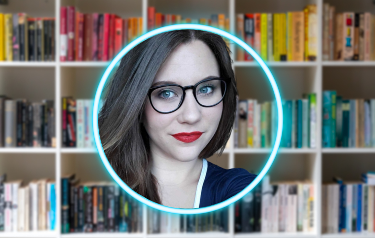 A green circle around Katie's headshot in front of a colorful bookcase