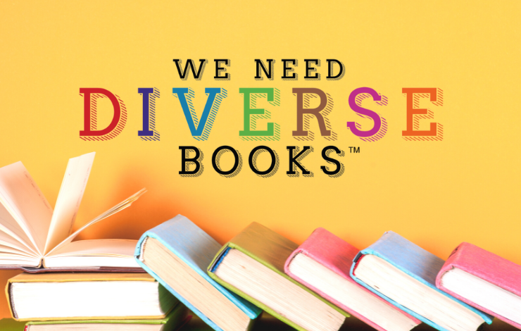 The We Need Diverse Books Logo on a yellow background above a tipped stack of books