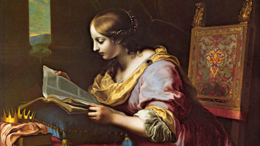 A painting of a woman in historic clothing leaning over a book