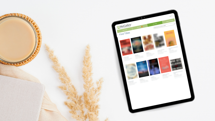A flatlay of an iPad showing a NetGalley page with blurred books