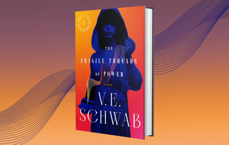 The cover of The Fragile Threads of Power on a purple fading into organge background