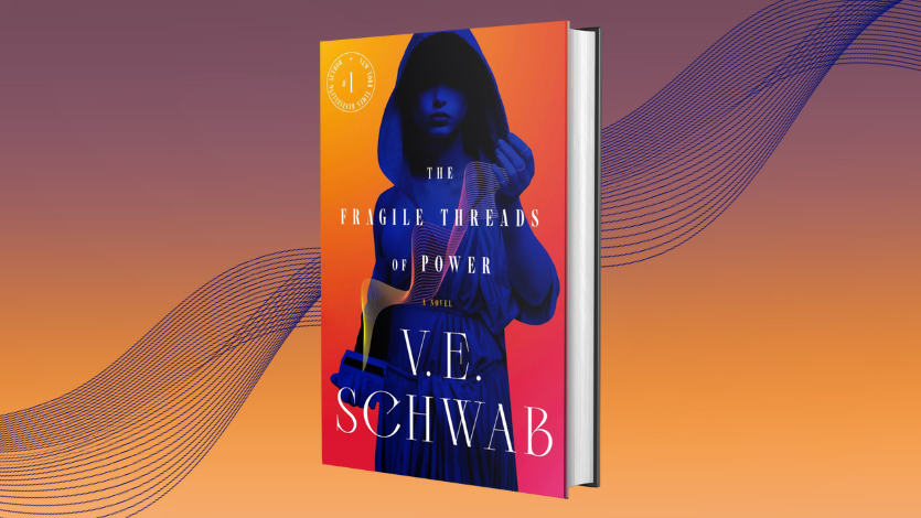 The cover of The Fragile Threads of Power on a purple fading into organge background