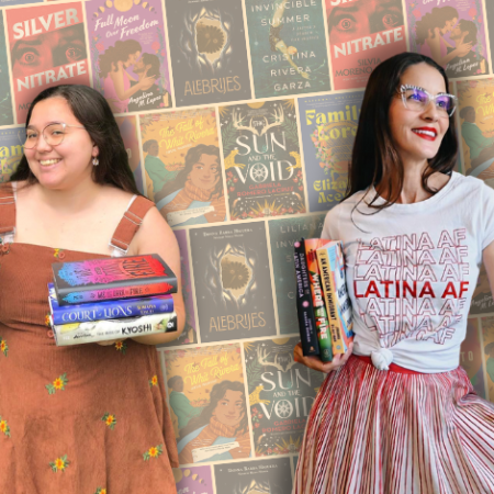 Photos of Carmen and Cande from the article over a background of the books featured in the article