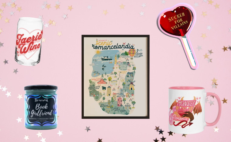 A pink background with star sparkles and images of various products overlayed (a poster, a candle, a mug)
