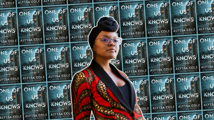 An author photo of Alyssa Cole in front of a collage of the cover of One of Us Knows