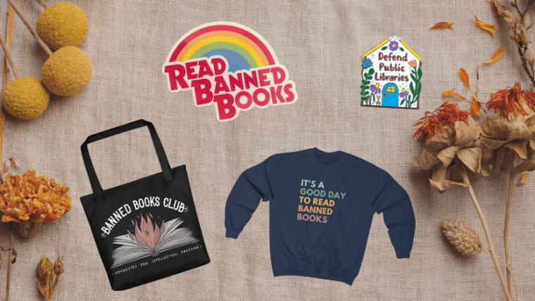 A burlap flatlay showing four of the products from within the guide (a tote, a sweatshirt, a pin, and a sticker)