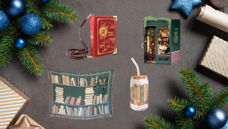 A flatlay with a gray background showing images of gifts: a blanket, a cup, a purse, a DIY kit