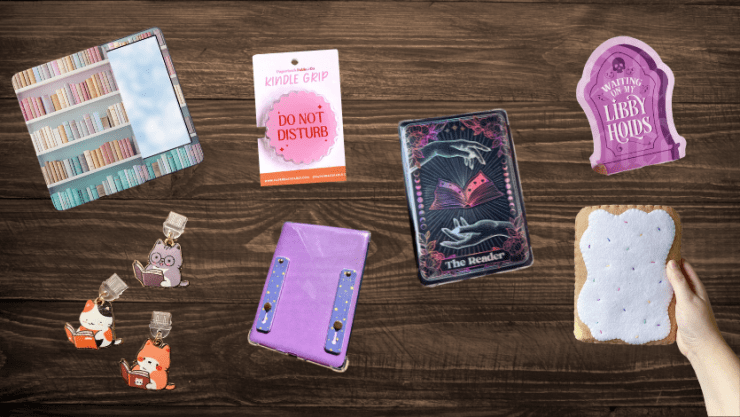A flatlay featuring various e-reader accessories featured in the article