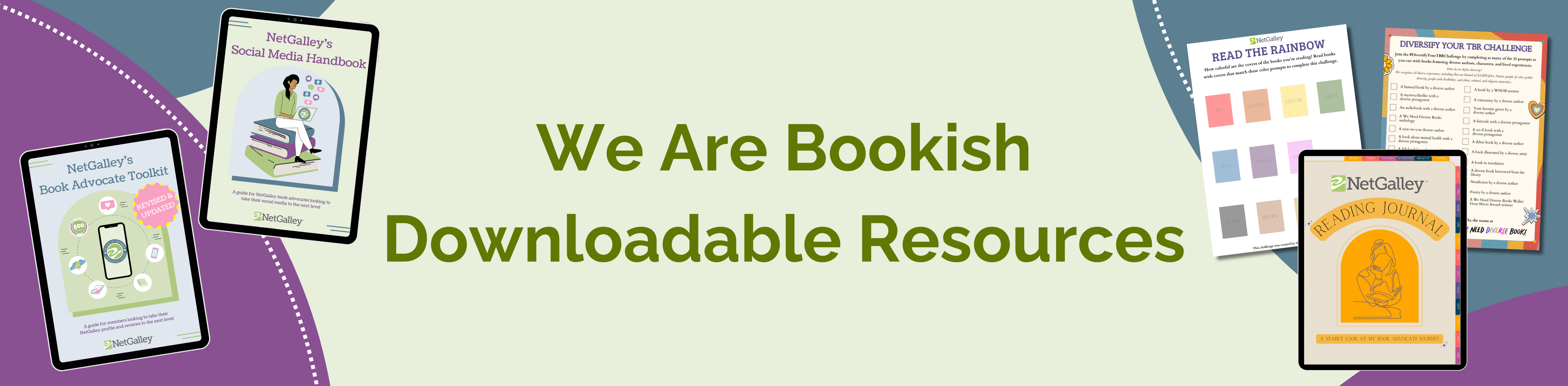 A green banner with the text 'We Are Bookish Downloadable Resources' and images of the resources on either side.