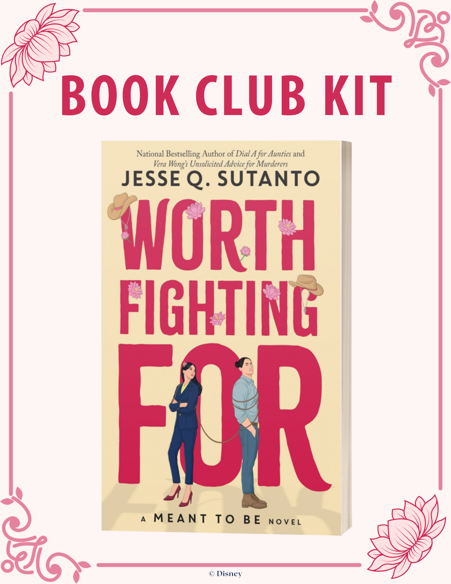Reads 'Book Club Kit' in dark pink above an image of the cover of Worth Fighting For by Jesse Q. Sutanto