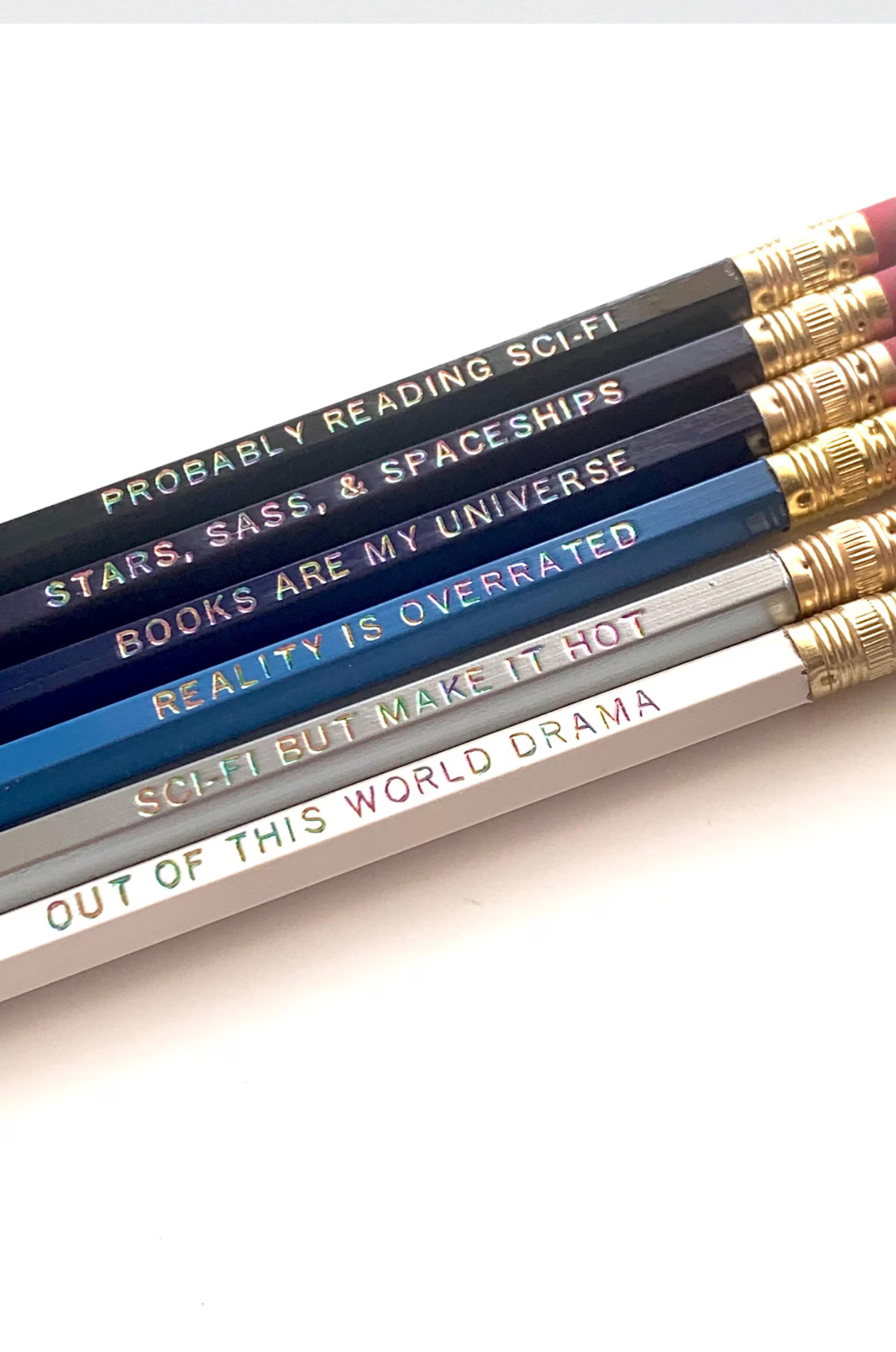 Pencils with sayings about space such as "books are my universe"