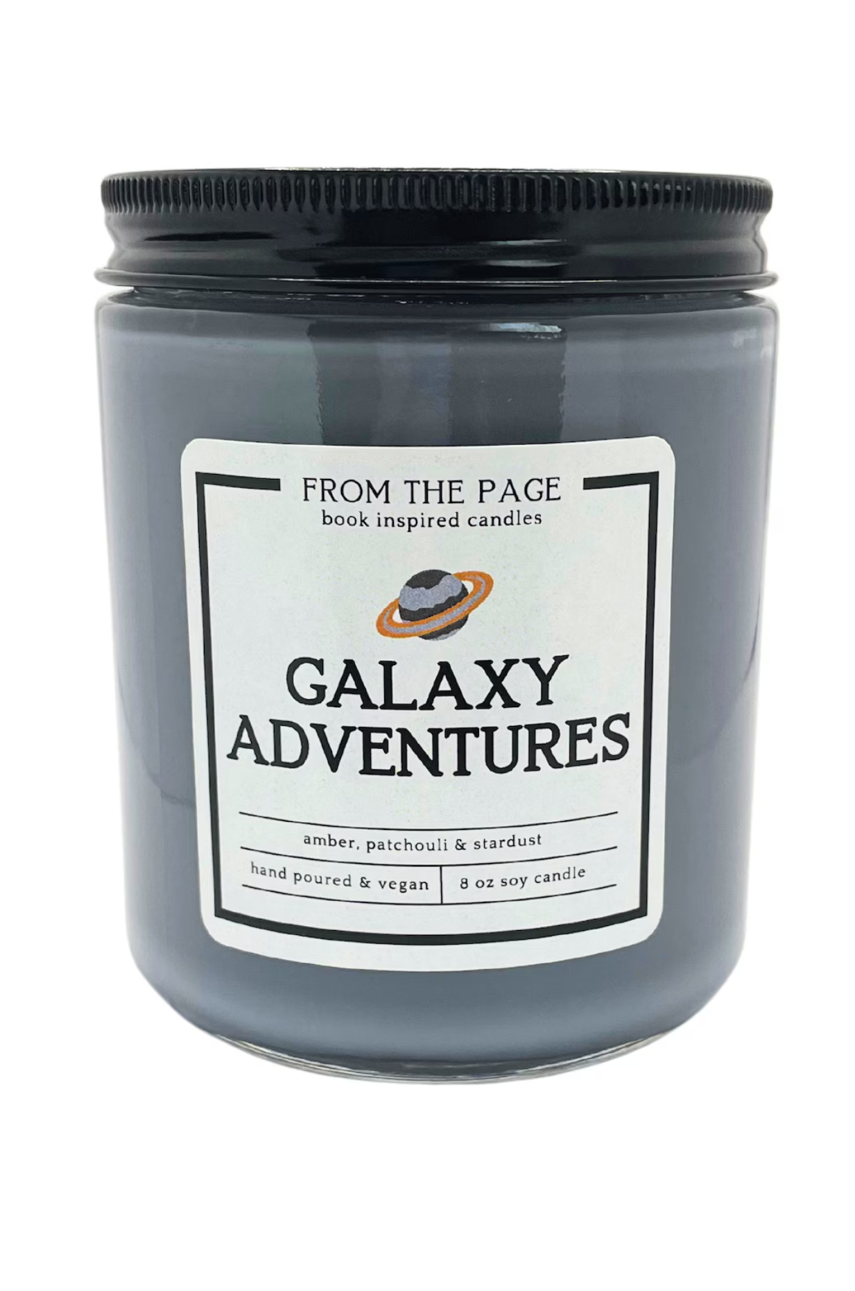 A candle that reads Galaxy Adventures
