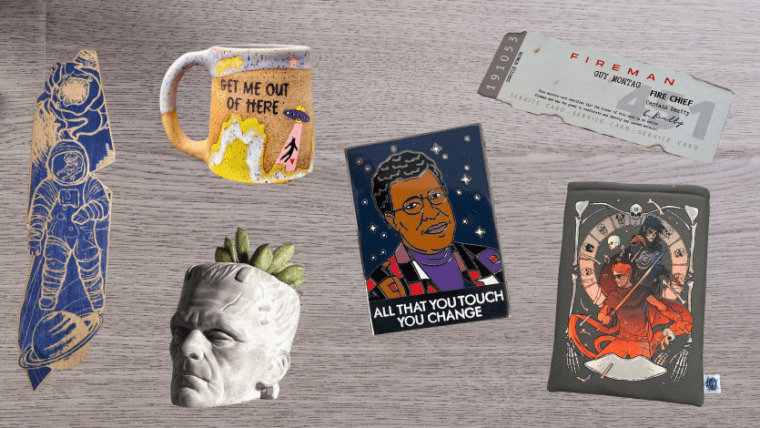 A flatlay featuring items from the article (such as a mug, a bookmark, and a book sleeve)