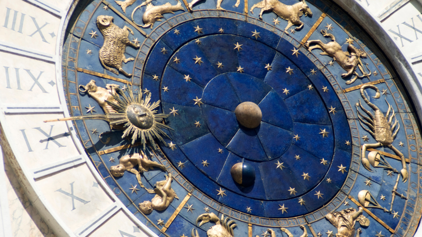 A clockface showing off the zodiac signs around the edge