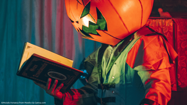 Someone with a pumpkin mask on reading a book