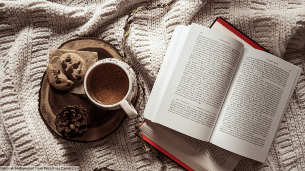 A book open on a blanket beside a tray of cookies and tea