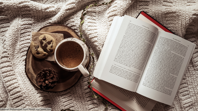 A book open on a blanket beside a tray of cookies and tea