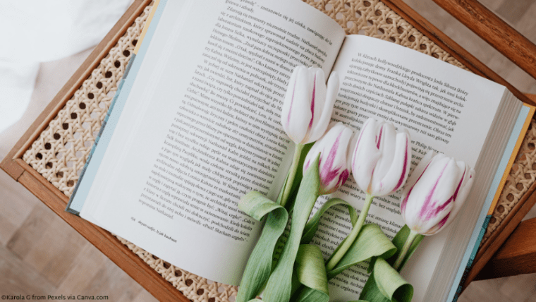 An open book with tulips on the pages