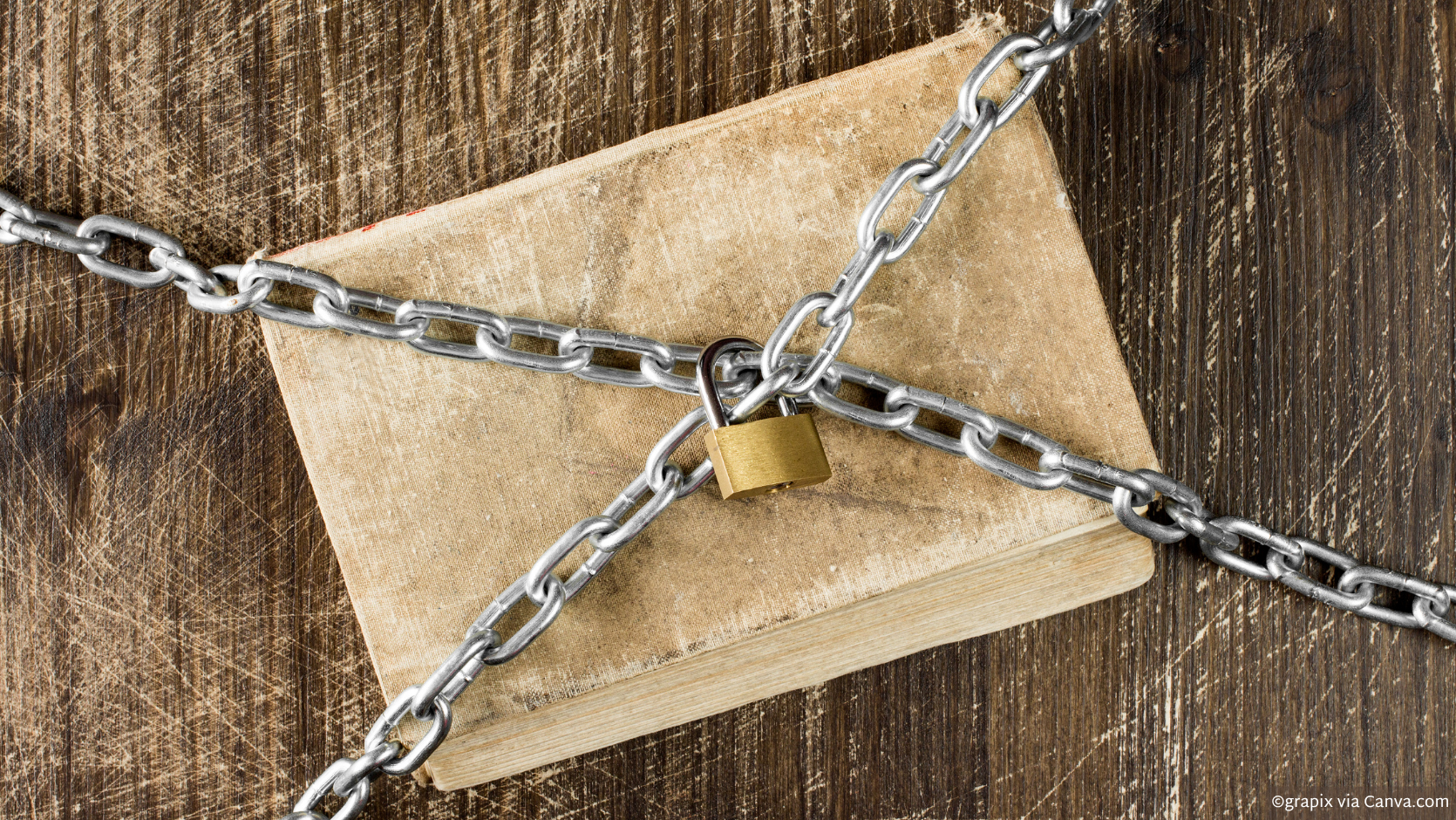 A book covered in chains locked with a gold lock